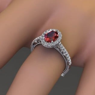2 CT 925 Sterling Silver Red Ruby Oval Cut Diamond Anniversary Halo Ring