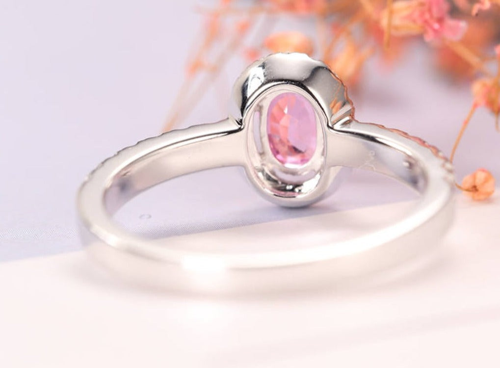 1 CT Oval Cut Pink Sapphire Diamond 925 Sterling Silver Halo Anniversary Promise Ring