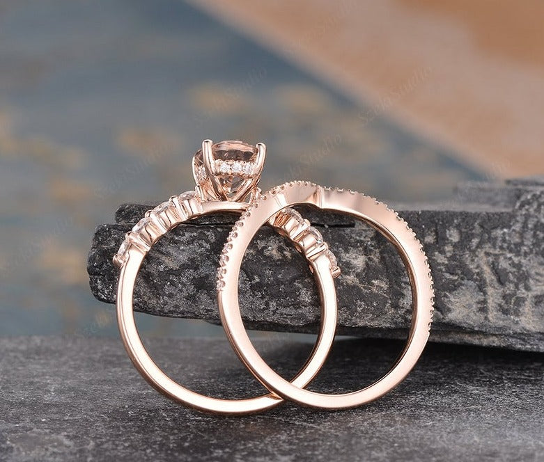 2 CT Oval Cut Morganite Diamond 925 Sterling Silver Halo Engagement Ring Set