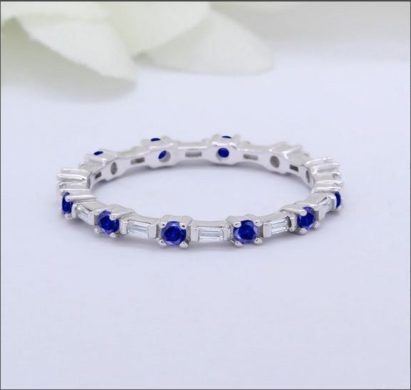 2.35 Ct Round Cut Blue Sapphire & White Baguette Full Eternity Promise Band Ring 925 Sterling Silver