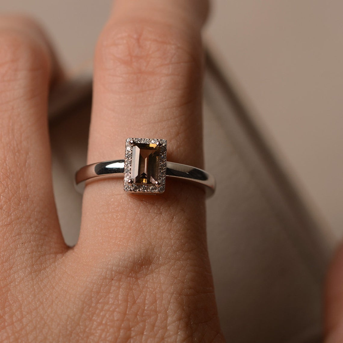 1.00 Ct Emerald Cut Smoky Quartz 925 Sterling Silver Halo Anniversary Gift Ring