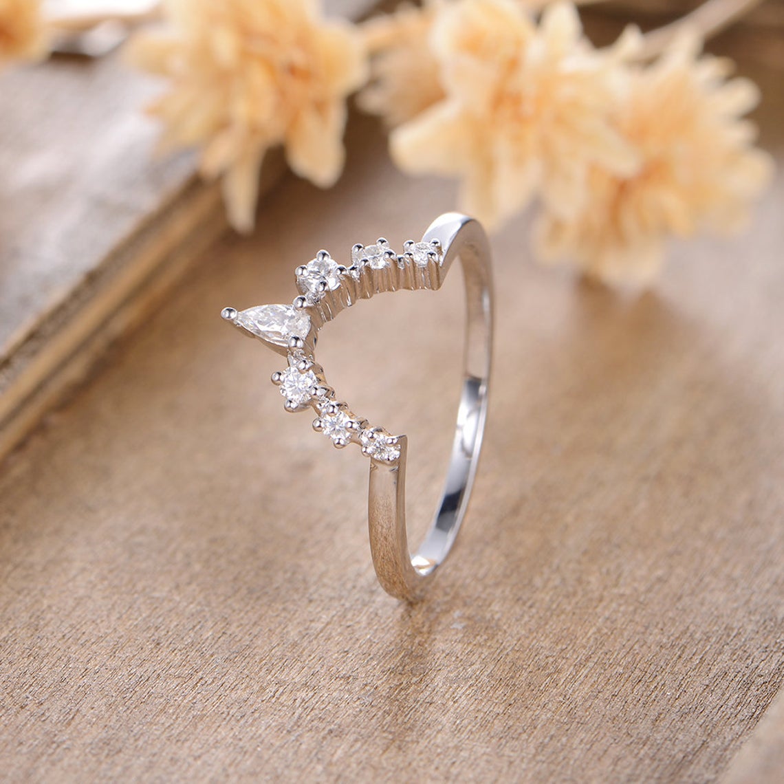 1 CT Pear Cut Diamond 925 Sterling Silver Curved Halo Wedding Band Ring
