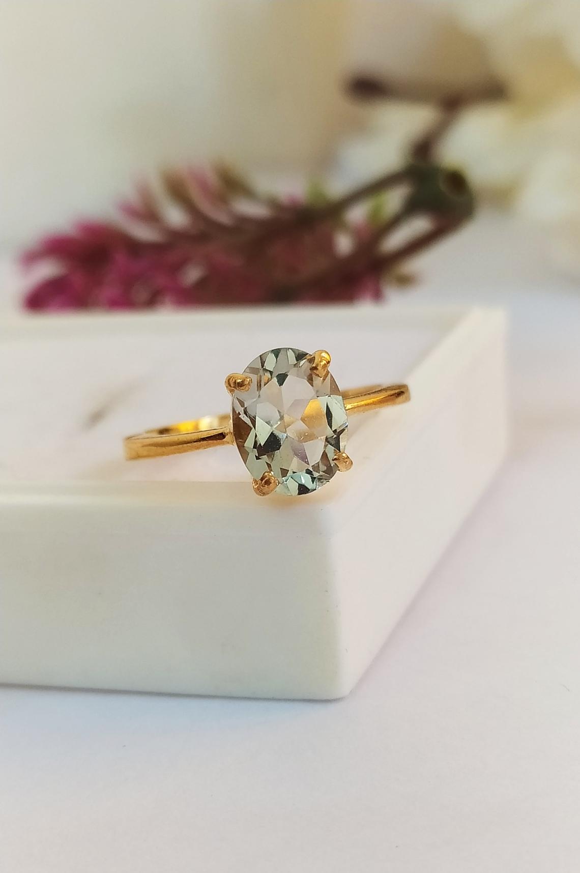 1 CT 925 Sterling Silver Green Amethyst Oval Cut Solitaire Anniversary Ring