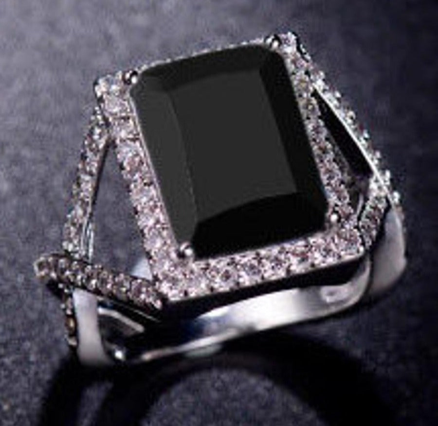 1 CT 925 Sterling Silver Black Cubic Zirconia Emerald Cut Diamond Halo Engagement Ring