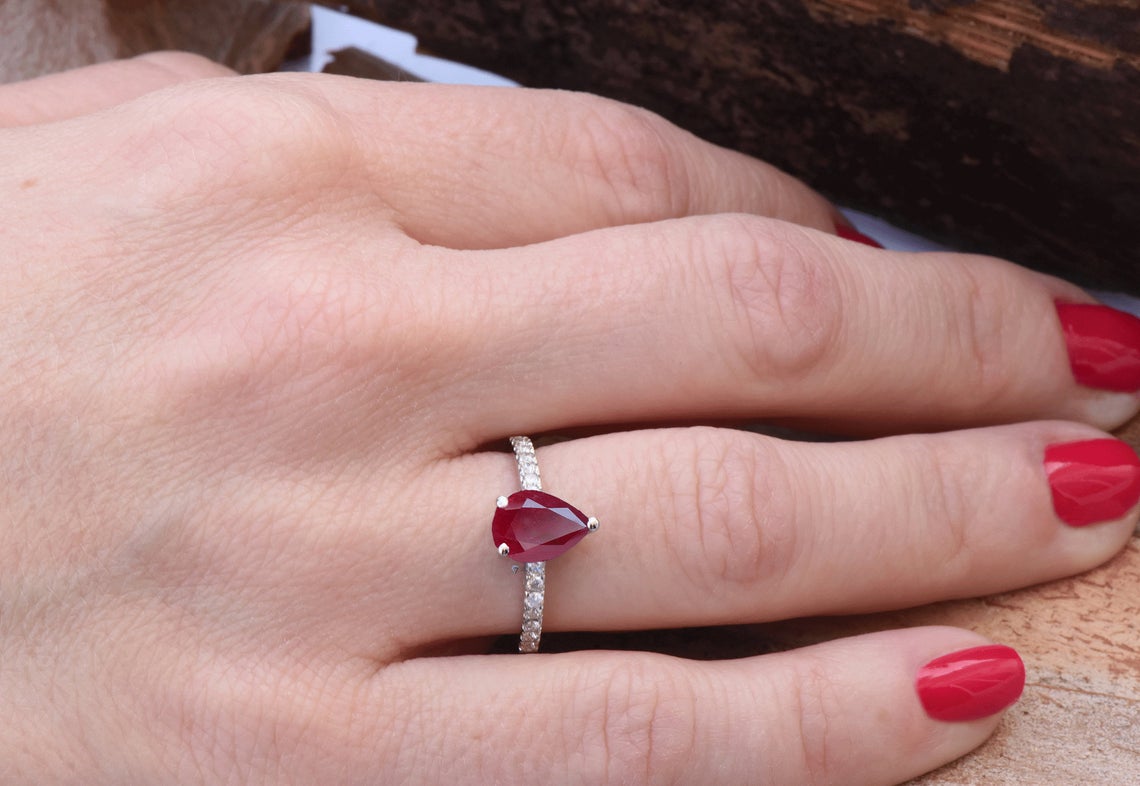 1 CT Sterling Silver Red Ruby Pear Cut Diamond Women Anniversary Promised Ring