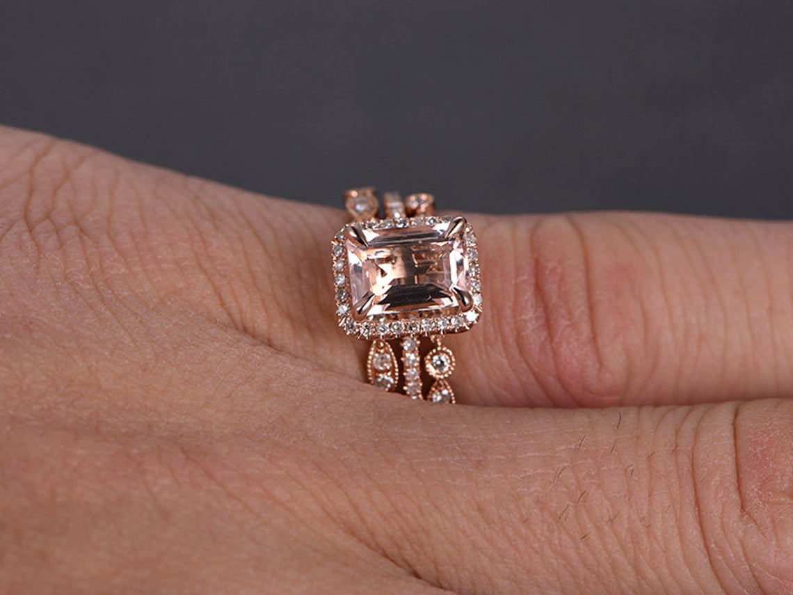 1 CT Emerald Cut Morganite Diamond Rose Gold Over On 925 Sterling Silver Halo Trio Wedding Ring Set