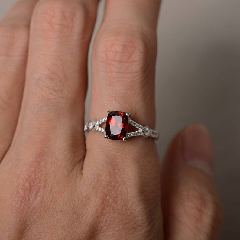 2.10 Ct Cushion Cut Red Garnet 925 Sterling Silver Solitaire W/Accents Engagement Ring