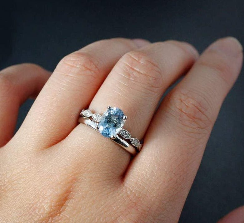 1 CT Oval Blue Aquamarine Diamond White Gold Over On 925 Sterling Silver Bridal Ring Set