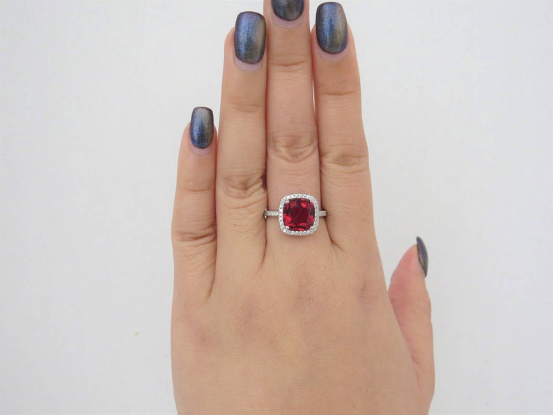 1 CT Cushion Cut Ruby & White Topaz Diamond 925 Sterling Silver Halo Anniversary Ring