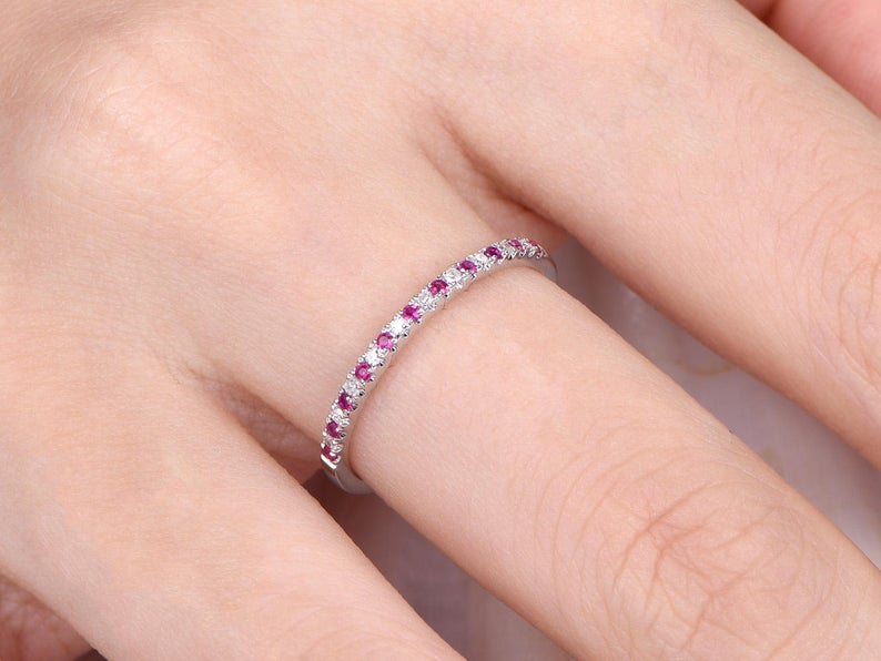 0.50 CT Round Cut Ruby Diamond 925 Sterling Silver Half Eternity Wedding Band Ring