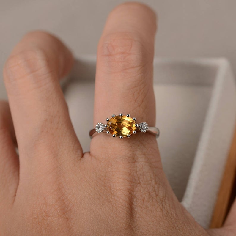 1.50 Ct Oval Cut Yellow Citrine & Round Cz Three-Stone Promise Ring In 925 Sterling Silver
