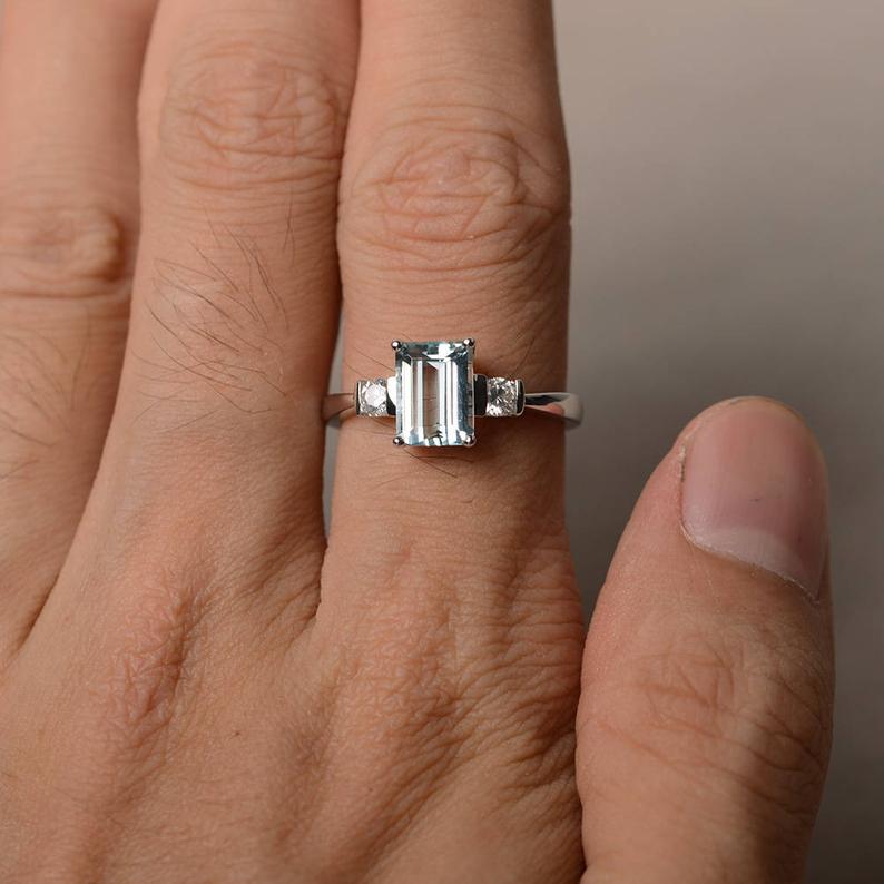 1.50 Ct Emerald Cut Aquamarine Diamond 925 Sterling Silver Three-Stone Promise Ring