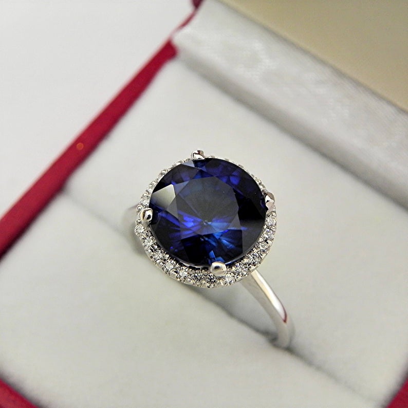 2 CT Round Cut Blue Sapphire Diamond 925 Sterling Silver Halo Anniversary Ring