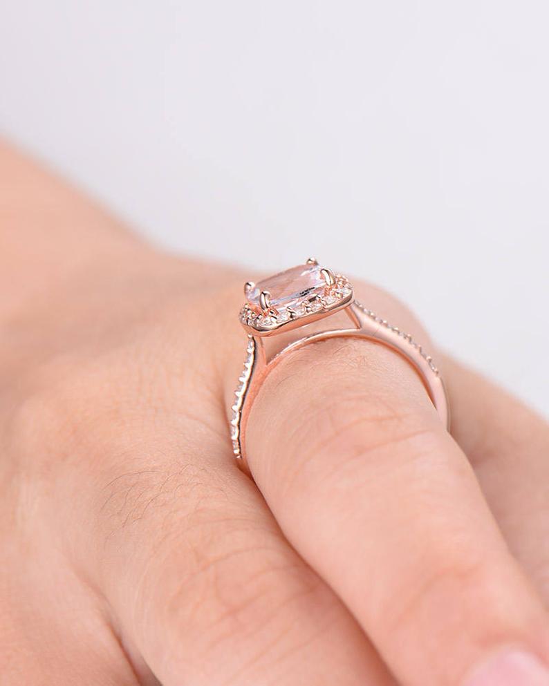 2 CT Cushion Cut Morganite CZ Diamond 925 Sterling Silver Halo Women Promise Gift Ring