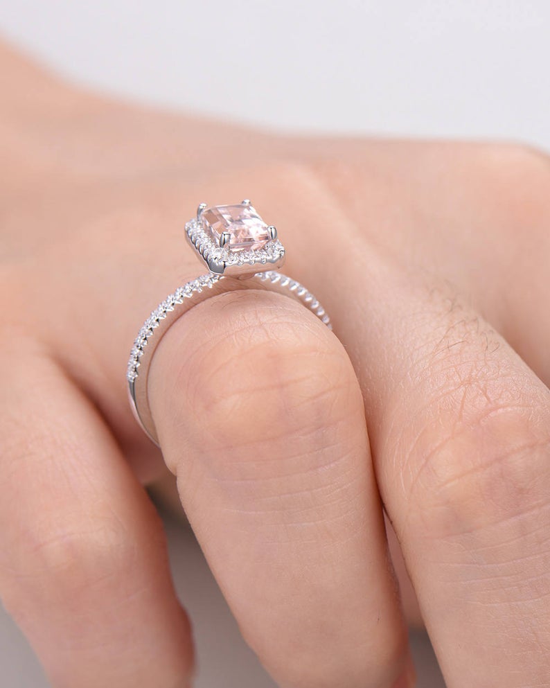 2.50 Ct Emerald Cut Pink Morganite White Gold Finish 925 Sterling Silver Halo Engagement Ring