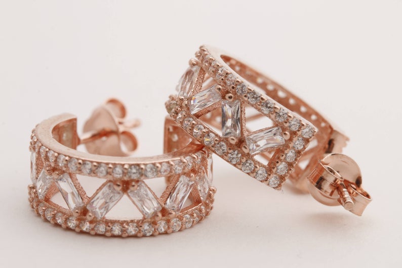 1.75 Ct Baguette Cut Diamond Rose Gold Over On 925 Sterling Silver Push Back Hoop Earrings