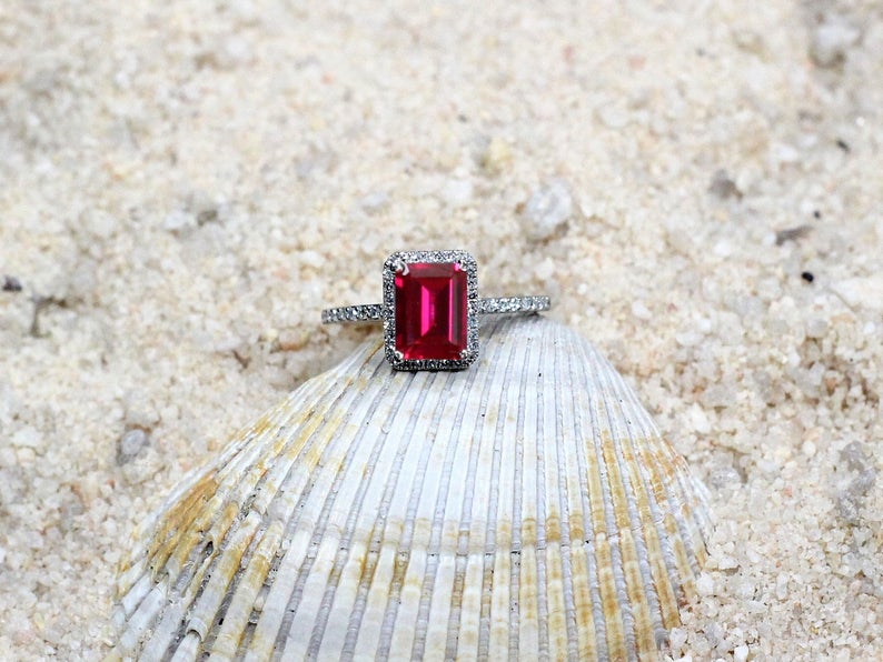 1 CT Emerald Cut Red Ruby Diamond 925 Sterling Silver Halo Engagement Ring