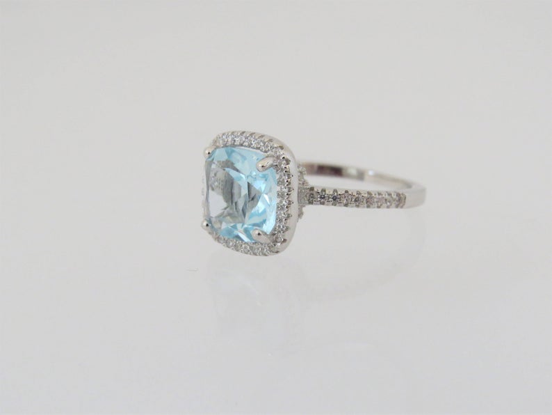 925 Sterling Silver 3 CT Aquamarine & White Topaz Diamond Halo Engagement Ring