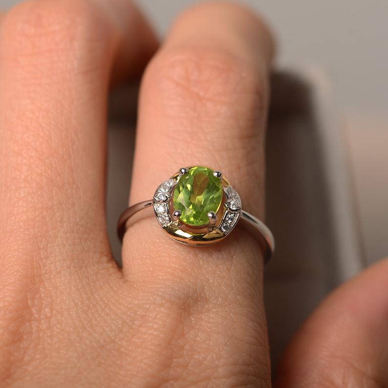 1.50 Ct Oval Cut Green Peridot Two-Tone 925 Sterling Silver Anniversary Gift Ring For Her