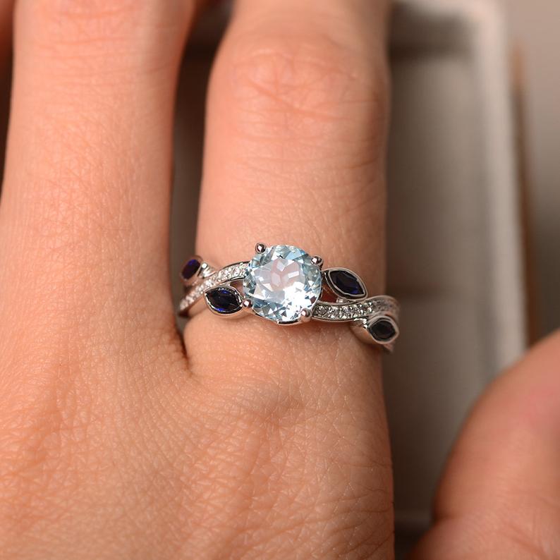 2.50 Ct Round Cut Aquamarine & Marquise Sapphire Gorgeous Leaf Ring In 925 Sterling Silver