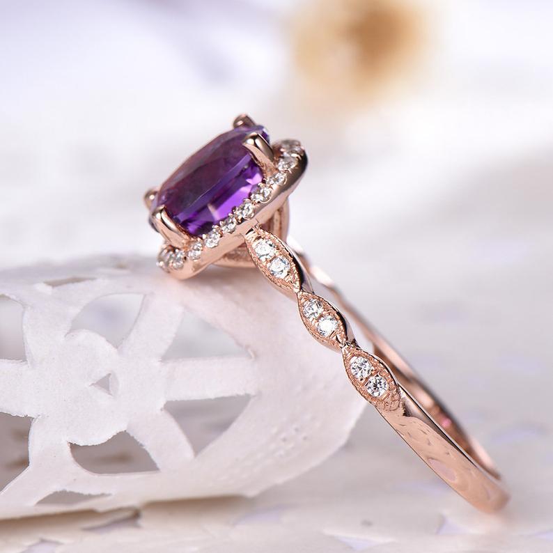 2 CT Oval Cut Amethyst Diamond 925 Sterling Silver Halo Promise Ring