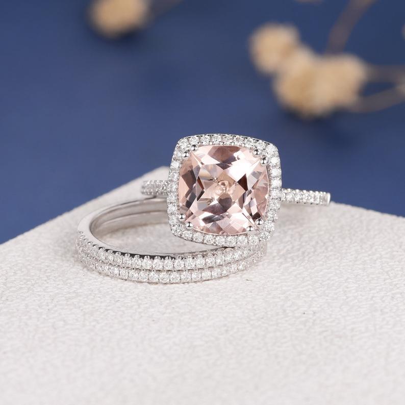 1 CT Cushion Cut Morganite Diamond 925 Sterling Silver Halo Trio Wedding Ring Set