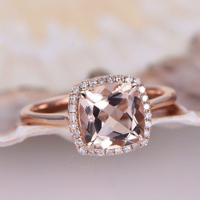 2 CT Cushion Morganite Diamond Rose Gold Over On 925 Sterling Silver Solitaire With Accents Engagement Ring