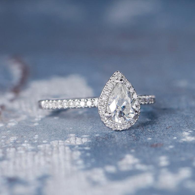 1 CT Pear Cut Diamond 925 Sterling Silver Halo Anniversary Ring