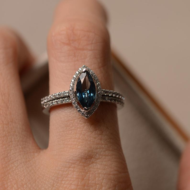 1 CT Marquise Cut London Blue Topaz Diamond 925 Sterling Silver Halo Engagement Ring With Band