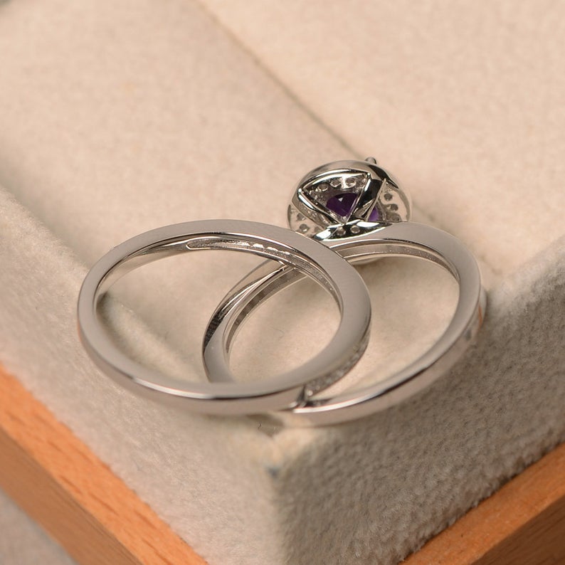 1 CT Round Cut Amethyst Diamond 925 Sterling Silver Halo February birthstone Ring Set