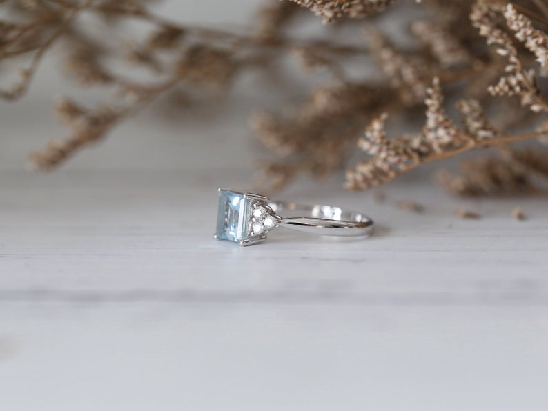1 CT Princess Cut Aquamarine Diamond 925 Sterling Silver Solitaire with Accents Ring