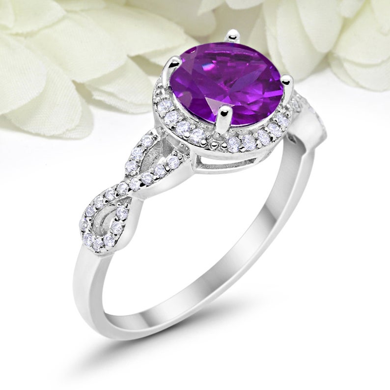 2 CT Round Cut Amethyst CZ Diamond 925 Sterling Silver Halo Engagement Ring