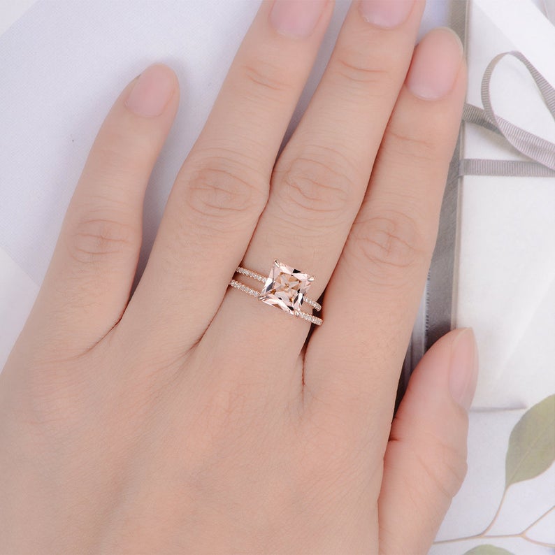 1 CT Princess Cut Morganite Diamond Rose Gold Over On 925 Sterling Silver Women Halo Bridal Ring Set