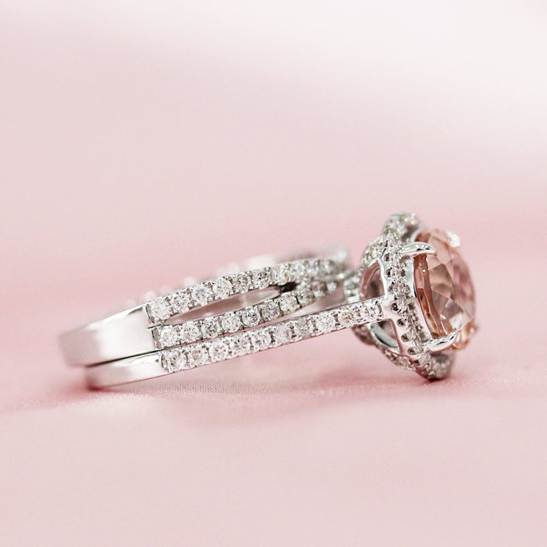 925 Sterling Silver 2 CT Round Cut Morganite Diamond Halo Wedding Bridal Ring Set