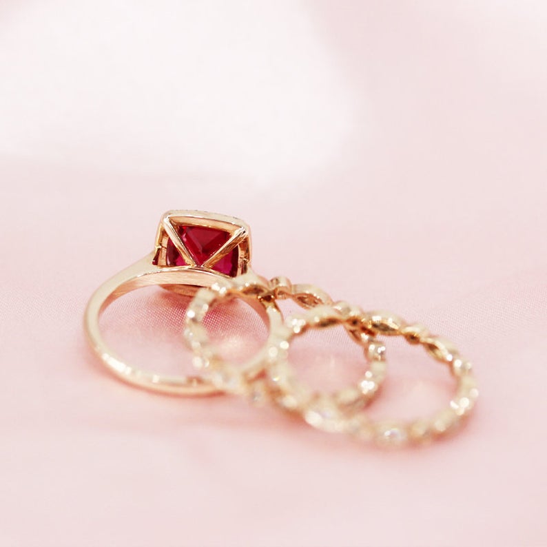 2 CT Cushion Cut Red Ruby Diamond 925 Sterling Silver Wedding Trio Ring Set