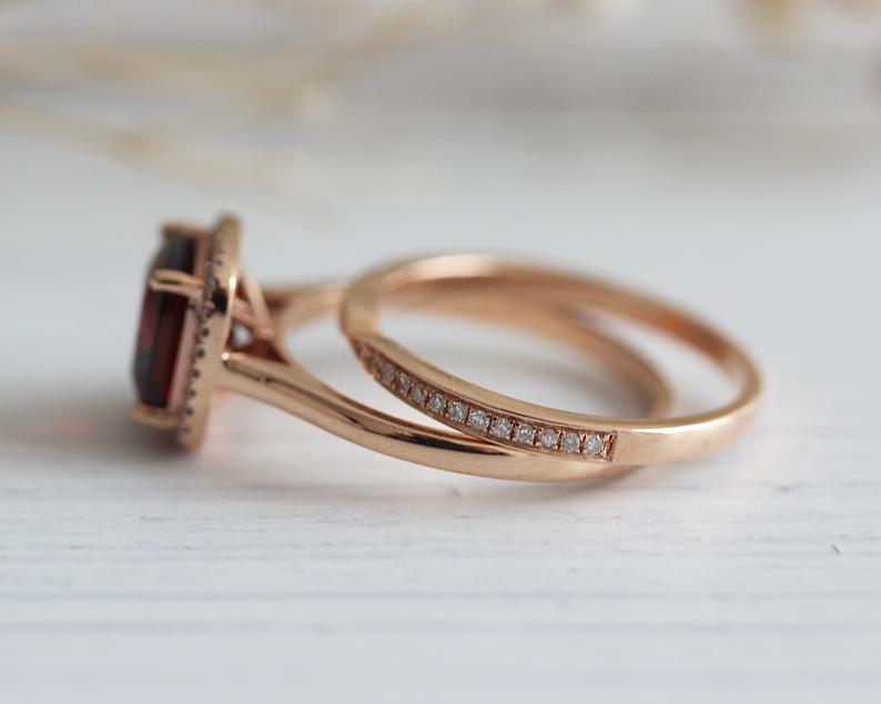 1 CT Cushion Cut Red Garnet Rose Gold Over On 925 Sterling Silver Halo Engagement Bridal Ring Set