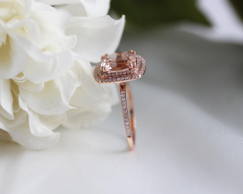 2 CT Cushion Cut Morganite Diamond 925 Sterling Silver Double Halo Ring