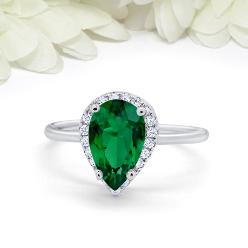 1 CT Pear Cut Green Emerald Round Diamond CZ 925 Sterling Silver Halo Engagement Ring