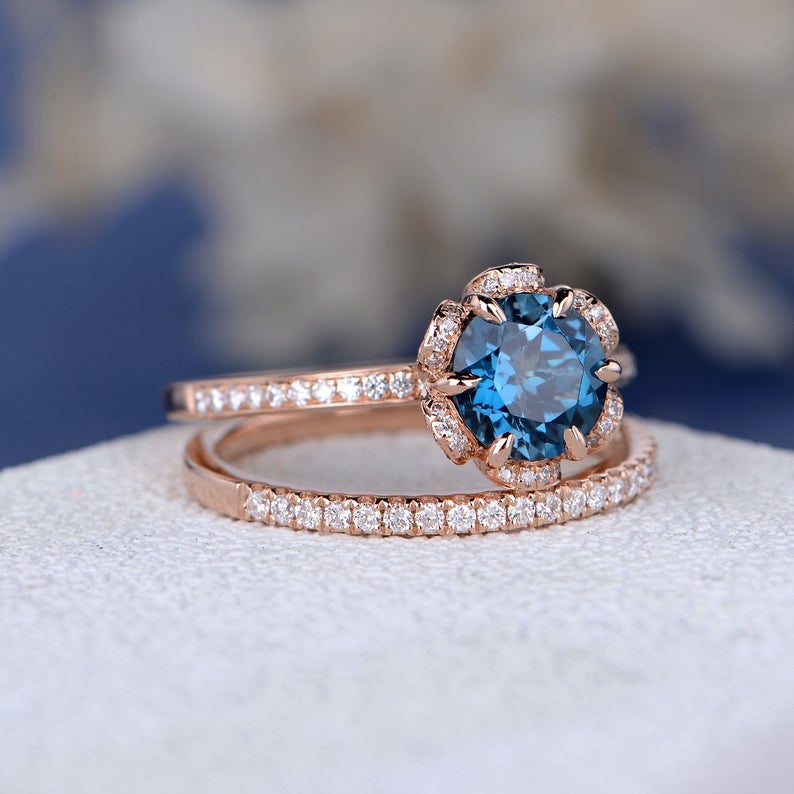 1 CT Round Cut London Blue Topaz Diamond 925 Sterling Silver Halo Wedding Band Women Bridal Set