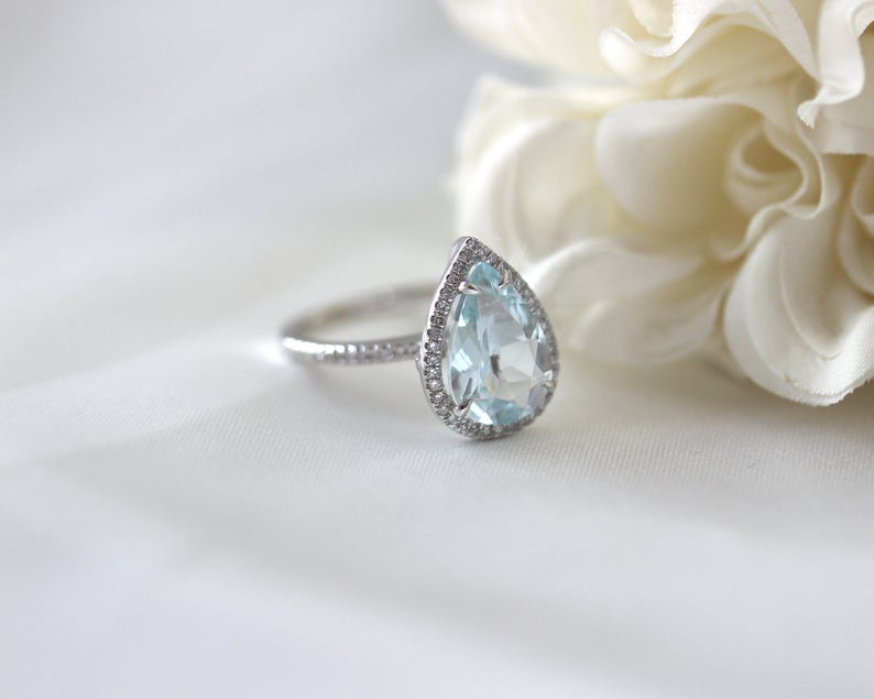 1 CT Pear Cut Aquamarine Diamond 925 Sterling Silver Halo Anniversary Ring