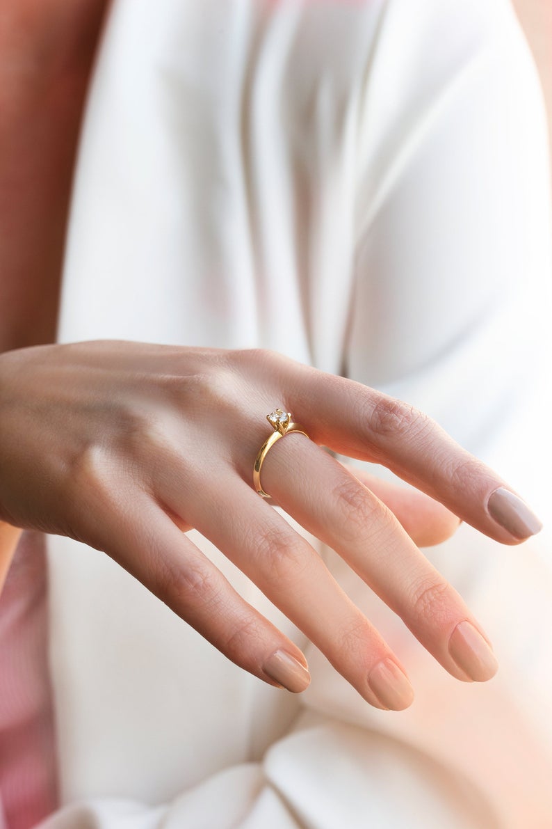 1 CT Round Cut Diamond Yellow Gold Over On 925 Sterling Silver Solitaire Engagement Ring