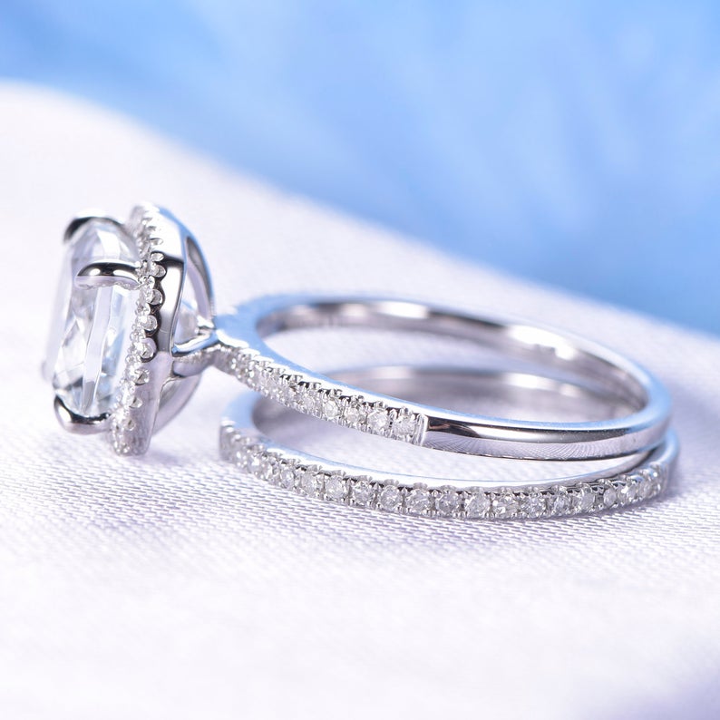 1 CT Cushion Cut White Topaz Diamond 925 Sterling Silver Halo Engagement Bridal Ring Set