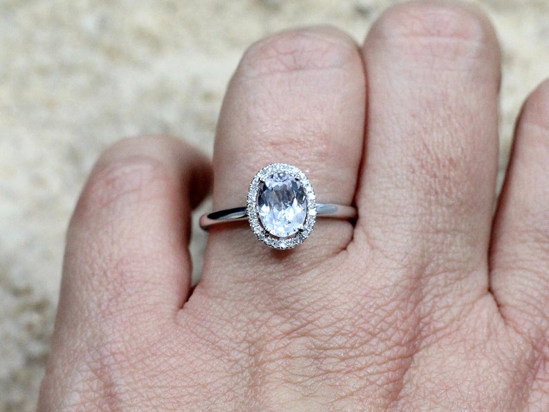 1 CT Oval Cut White Topaz & Diamond 925 Sterling Silver Halo Engagement Ring