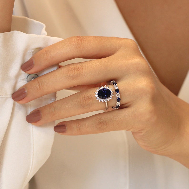 4 CT Oval Cut Blue Sapphire Diamond 925 Sterling Silver Halo Anniversary Bridal Ring Set