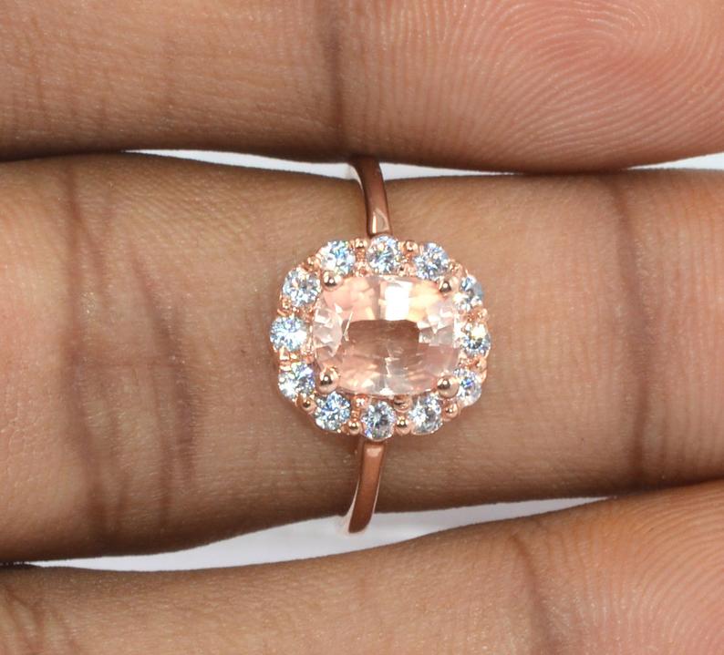 1 CT Oval Cut Morganite Diamond Rose Gold Over On 925 Sterling Silver Solitaire With Accent Ring