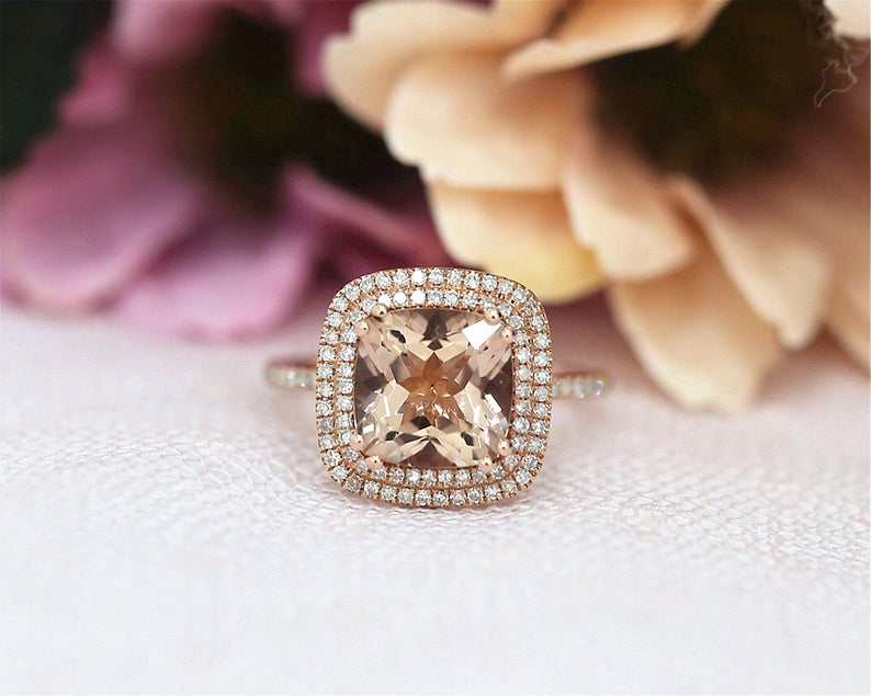 2 CT Cushion Cut Morganite Diamond 925 Sterling Silver Double Halo Wedding Ring