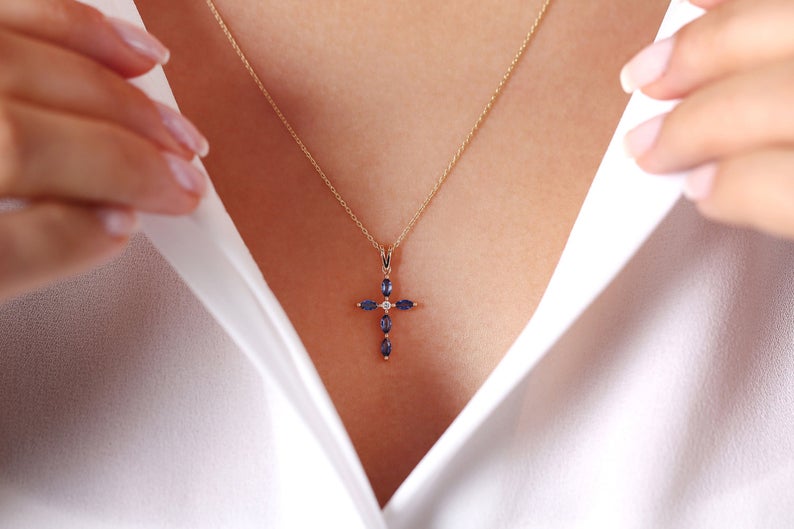 1.50 Ct Marquise Cut Blue Sapphire Cross Pendant In Yellow Gold Over On 925 Sterling Silver