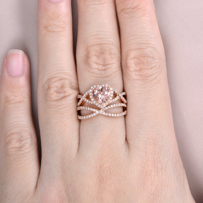 2 CT Heart Cut Morganite Diamond 925 Sterling Silver Halo Wedding Bridal Ring Set