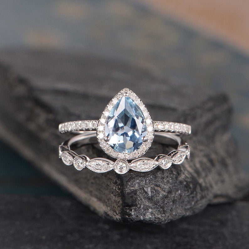 1 CT Pear Cut Aqumarine Diamond 925 Sterling Silver Halo Anniversary Gift Ring