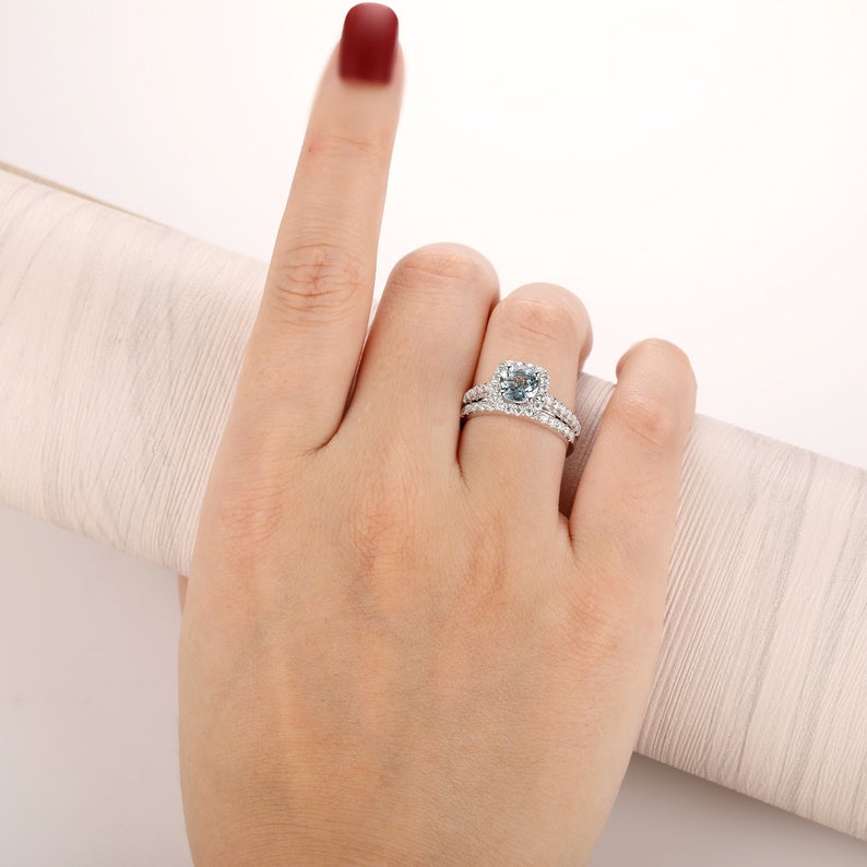 1.00 CT Round Cut Aquamarine Diamond 925 Sterling Silver Halo Wedding Ring Bridal Set